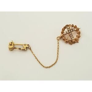 14K Gold Vintage Masonic Tie Tack Free Mason Cross Cane Gavel Brooch with Pearl
